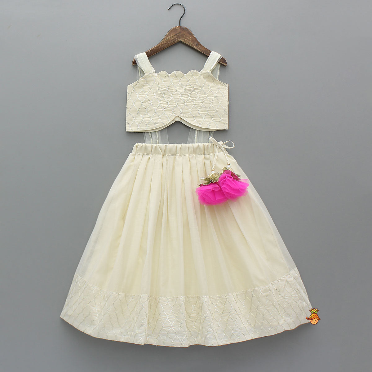 Pre Order: Gota Lace Detailed Top With Net Drapes And Lehenga