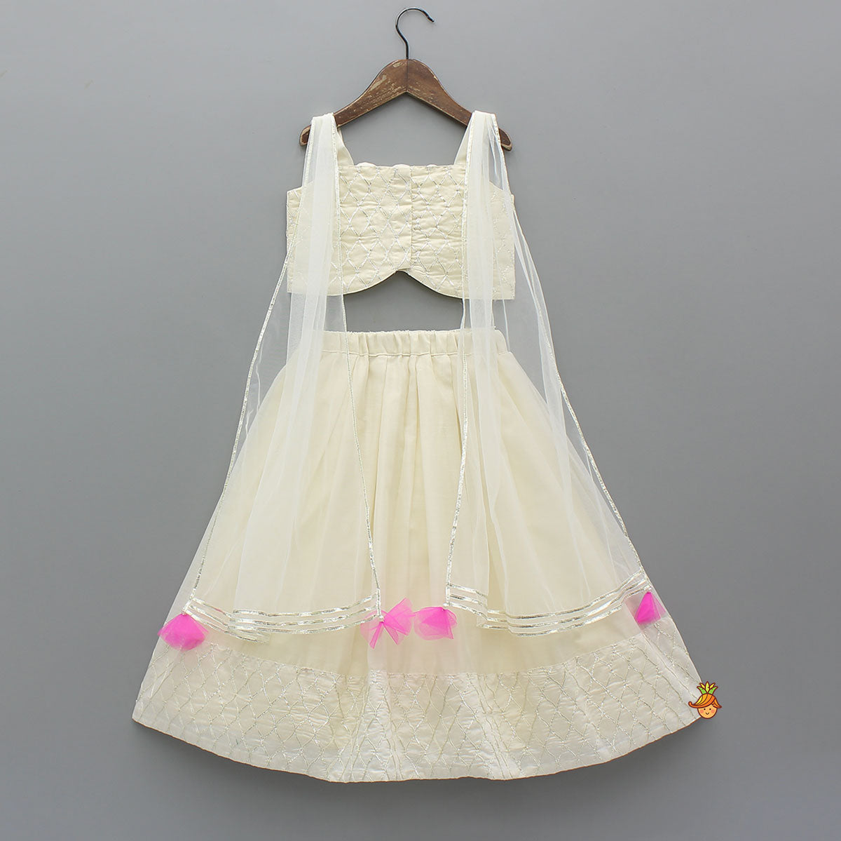 Pre Order: Gota Lace Detailed Top With Net Drapes And Lehenga