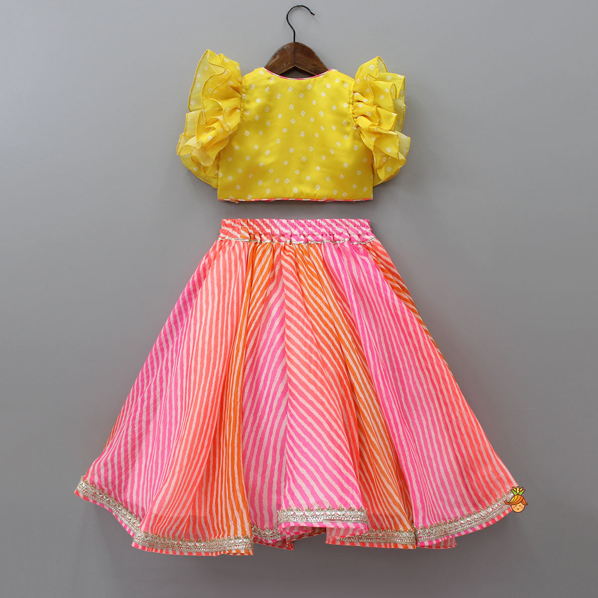 Pre Order: Yellow Top And Leheriya Printed Flared Lehenga With Matching Dupatta