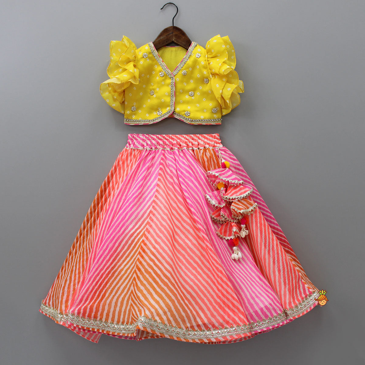 Pre Order: Yellow Top And Leheriya Printed Flared Lehenga With Matching Dupatta