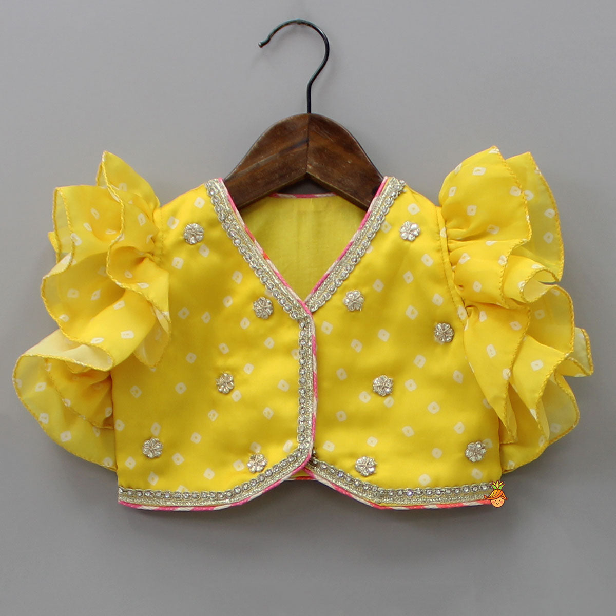 Pre Order: Yellow Top And Leheriya Printed Flared Lehenga With Matching Dupatta