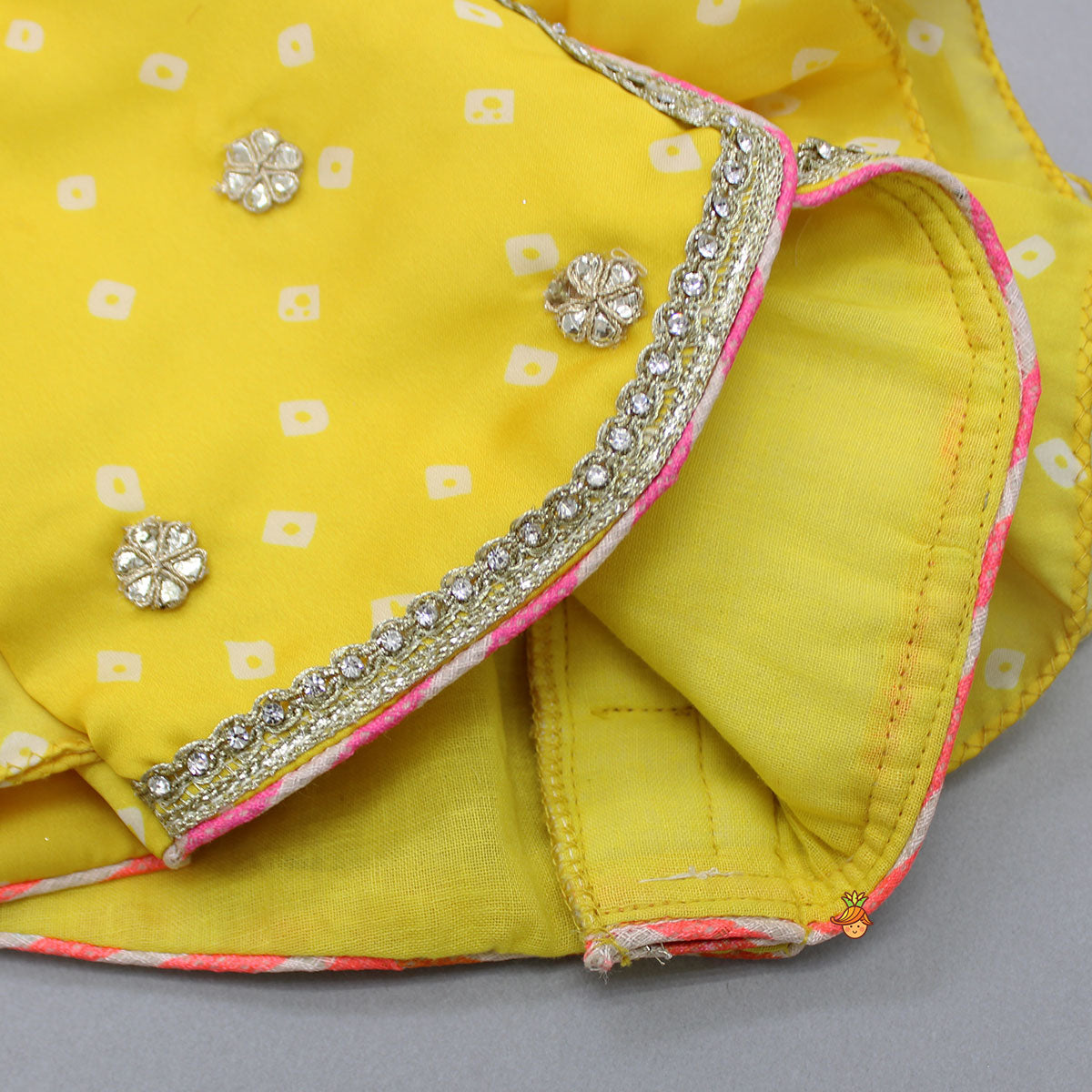 Pre Order: Yellow Top And Leheriya Printed Flared Lehenga With Matching Dupatta