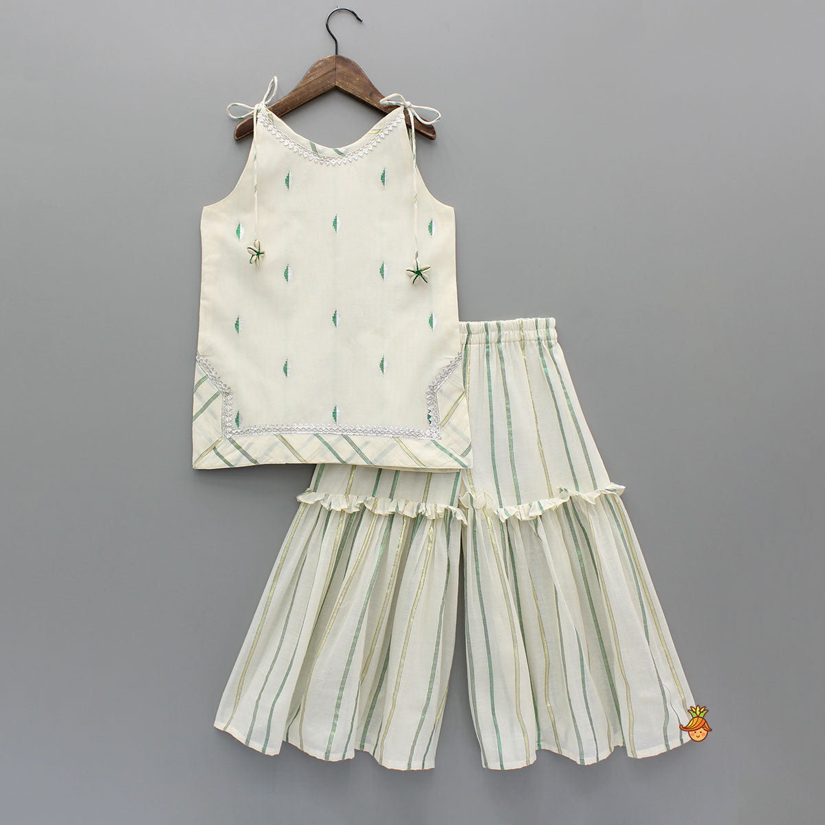 Pre Order: Embroidered Strappy Kurti With Sharara And Dupatta