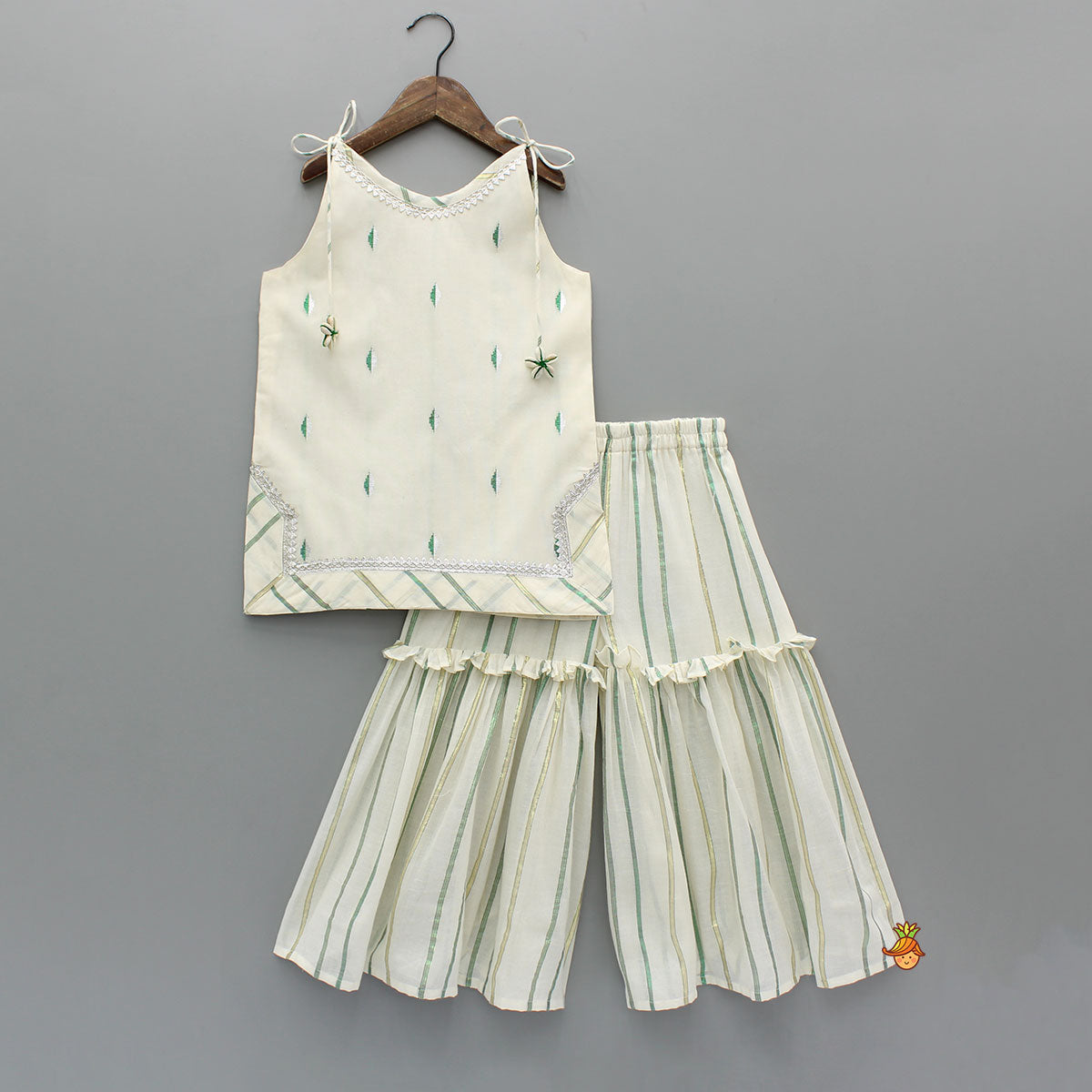 Pre Order: Embroidered Strappy Kurti With Sharara And Dupatta