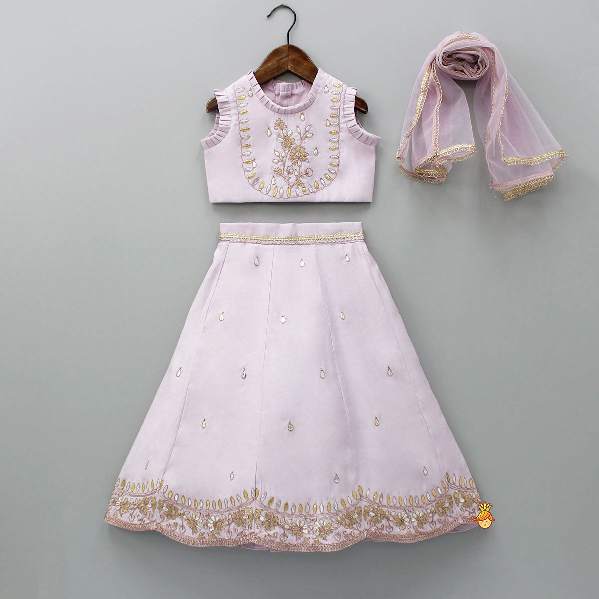 Pre Order: Gota Work Detail Lilac Top And Lehenga With Net Dupatta