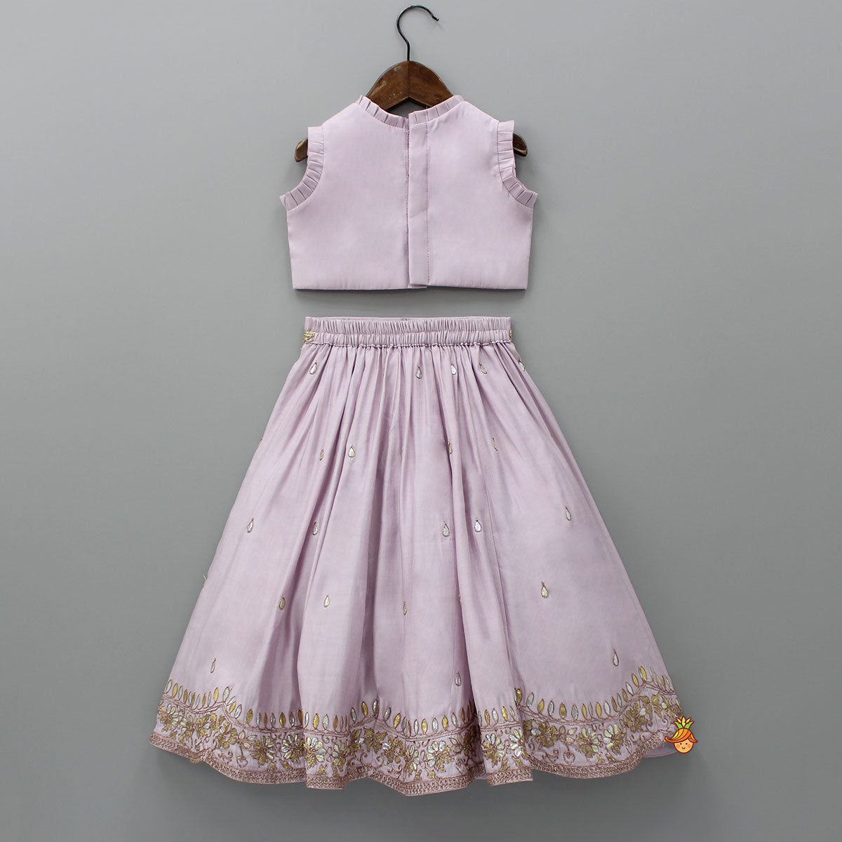 Pre Order: Gota Work Detail Lilac Top And Lehenga With Net Dupatta