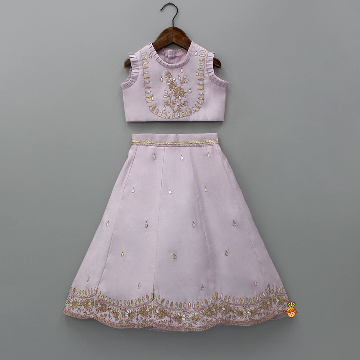 Pre Order: Gota Work Detail Lilac Top And Lehenga With Net Dupatta