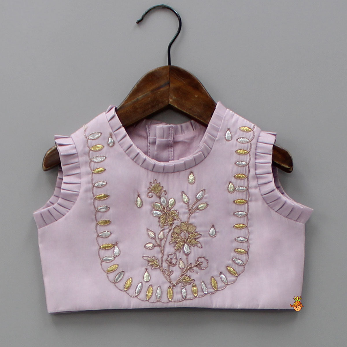 Pre Order: Gota Work Detail Lilac Top And Lehenga With Net Dupatta