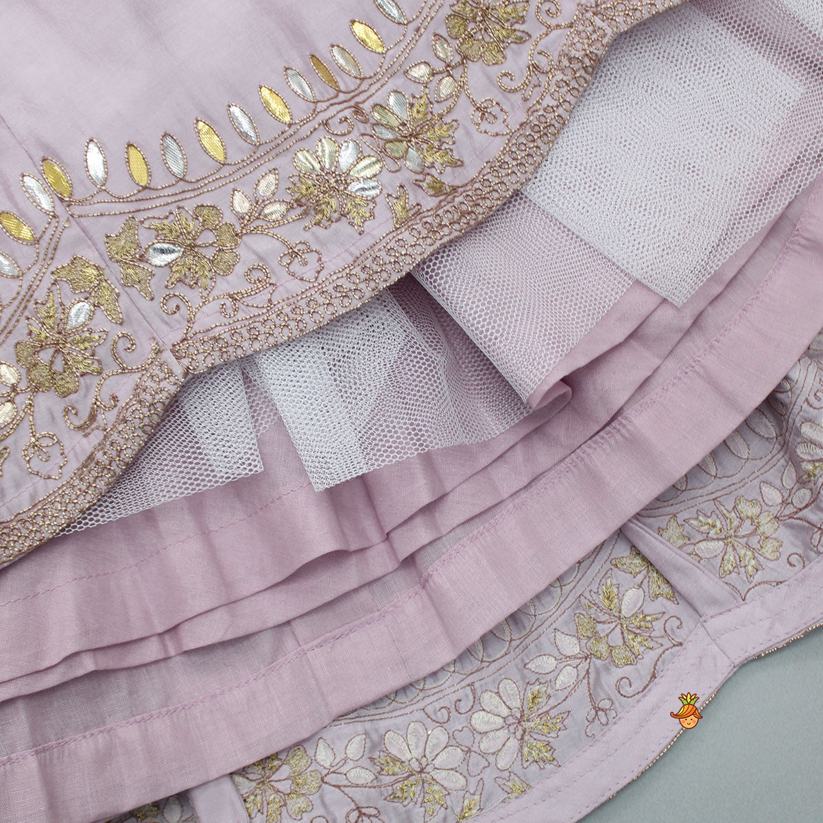 Pre Order: Gota Work Detail Lilac Top And Lehenga With Net Dupatta
