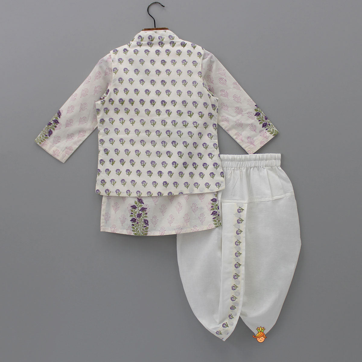 Pre Order: Floral Printed Kurta And Stylish Jacket With Dhoti