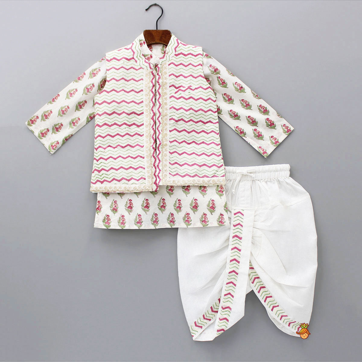 Pre Order: Floral Printed Kurta And Chevron Printed Jacket With Dhoti