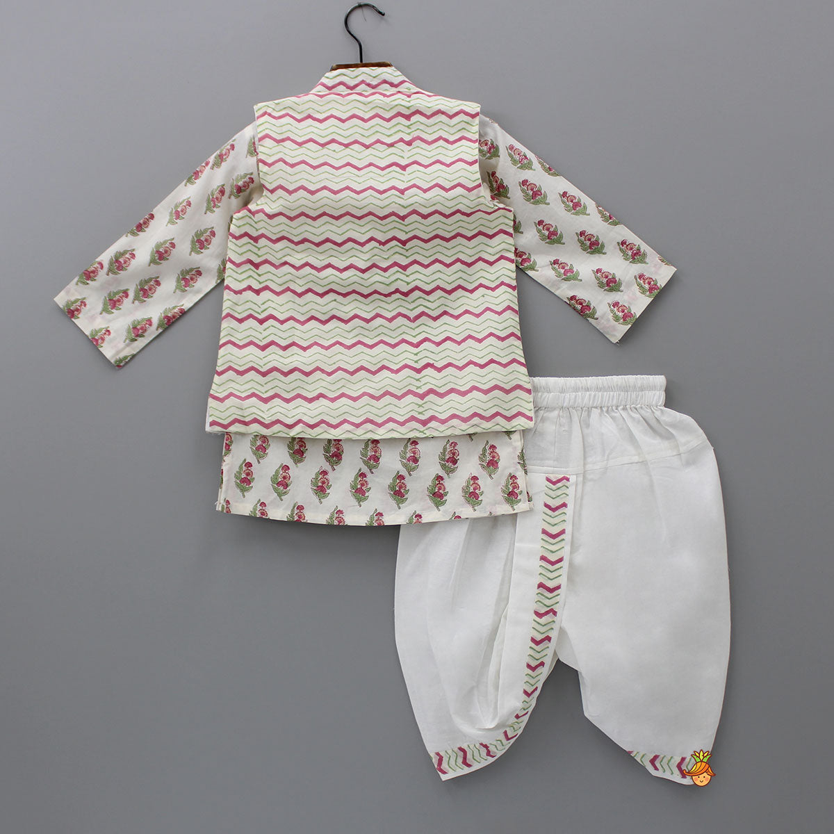 Pre Order: Floral Printed Kurta And Chevron Printed Jacket With Dhoti