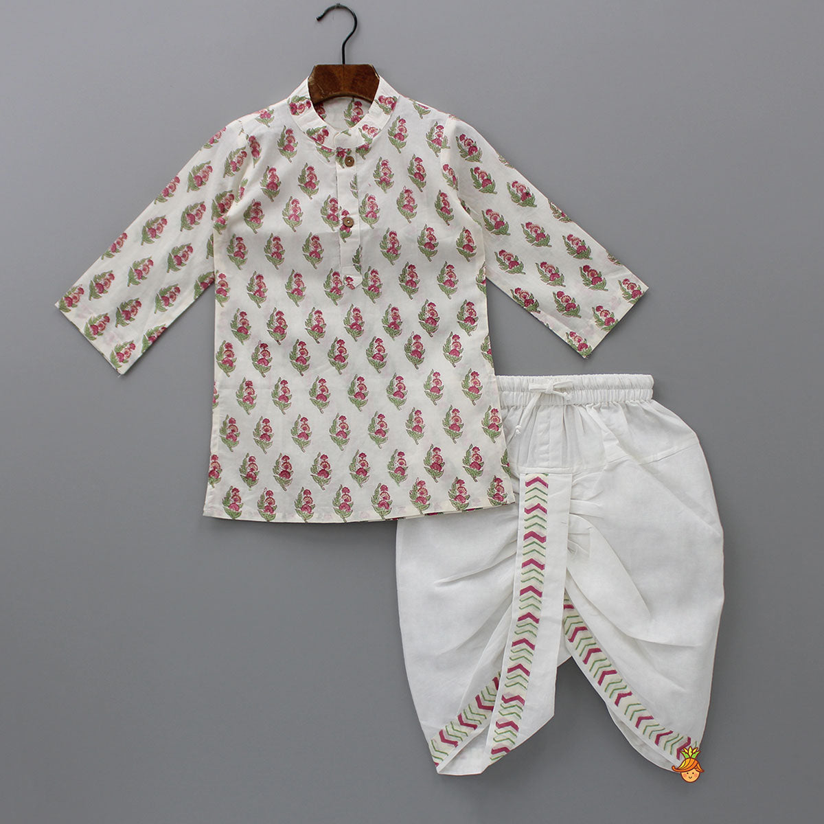 Pre Order: Floral Printed Kurta And Chevron Printed Jacket With Dhoti