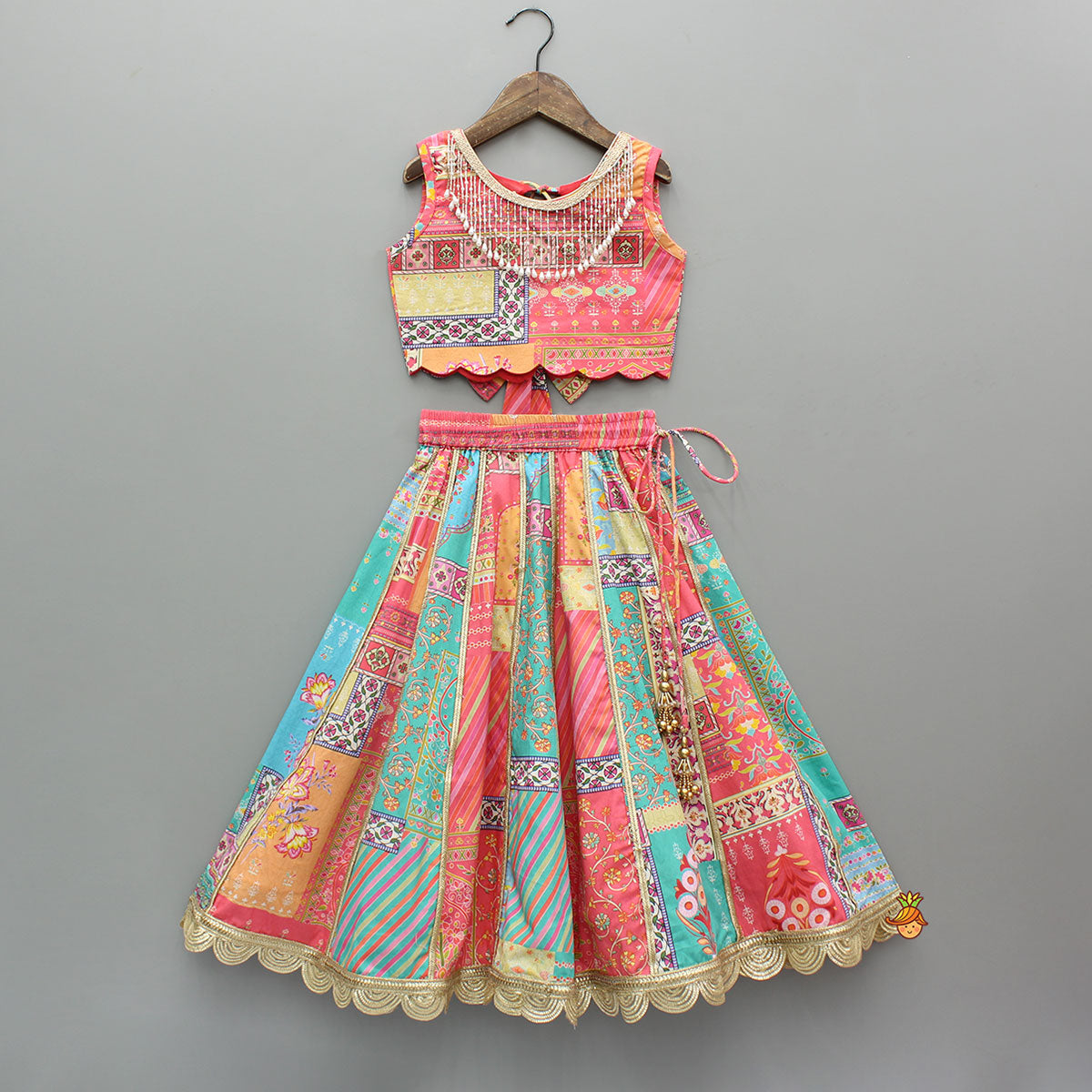 Pre Order: Floral Printed Multicolour Top And Lehenga