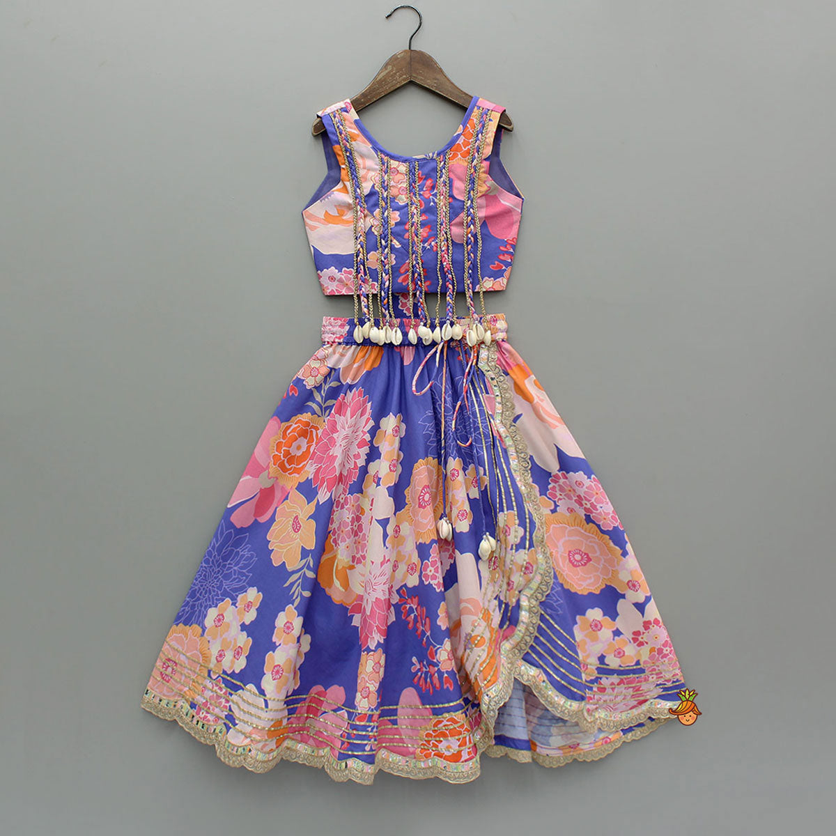 Pre Order: Purple Floral Printed Top With Gota Lace Work Lehenga