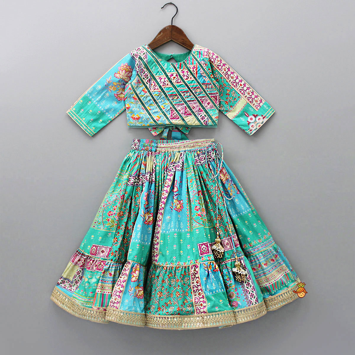 Pre Order: Floral Printed Gota Lace Top With Lehenga