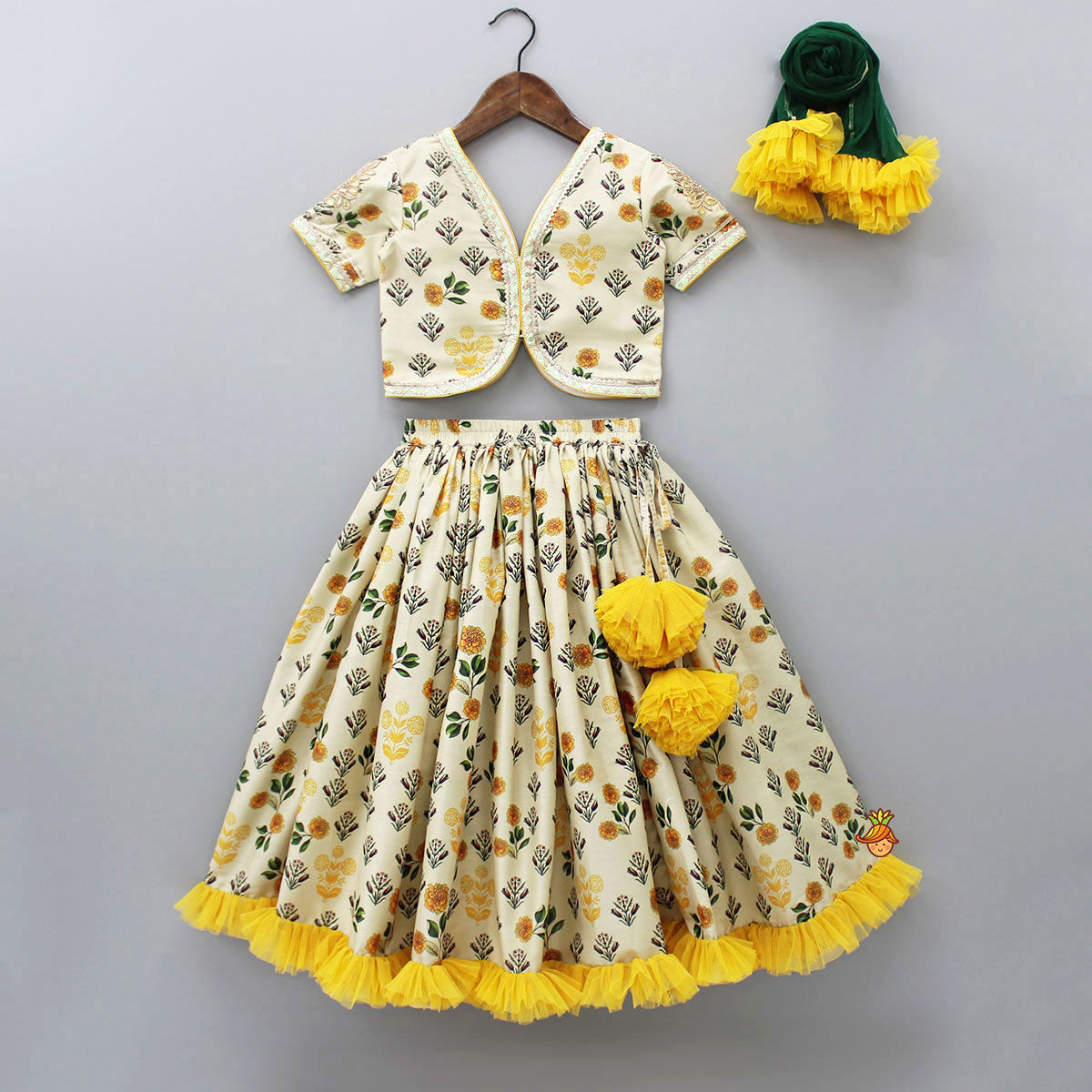 Pre Order: Floral Printed Crop Top With Lehenga And Net Dupatta