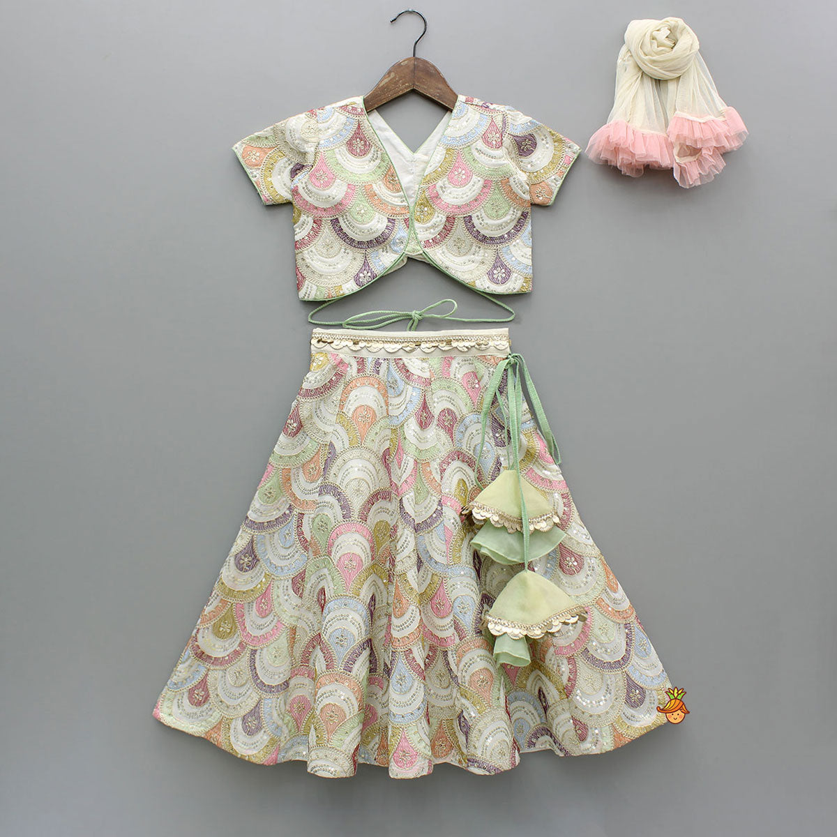 Pre Order: Multicolour Embroidered Stylish Top And Lehenga With Net Dupatta