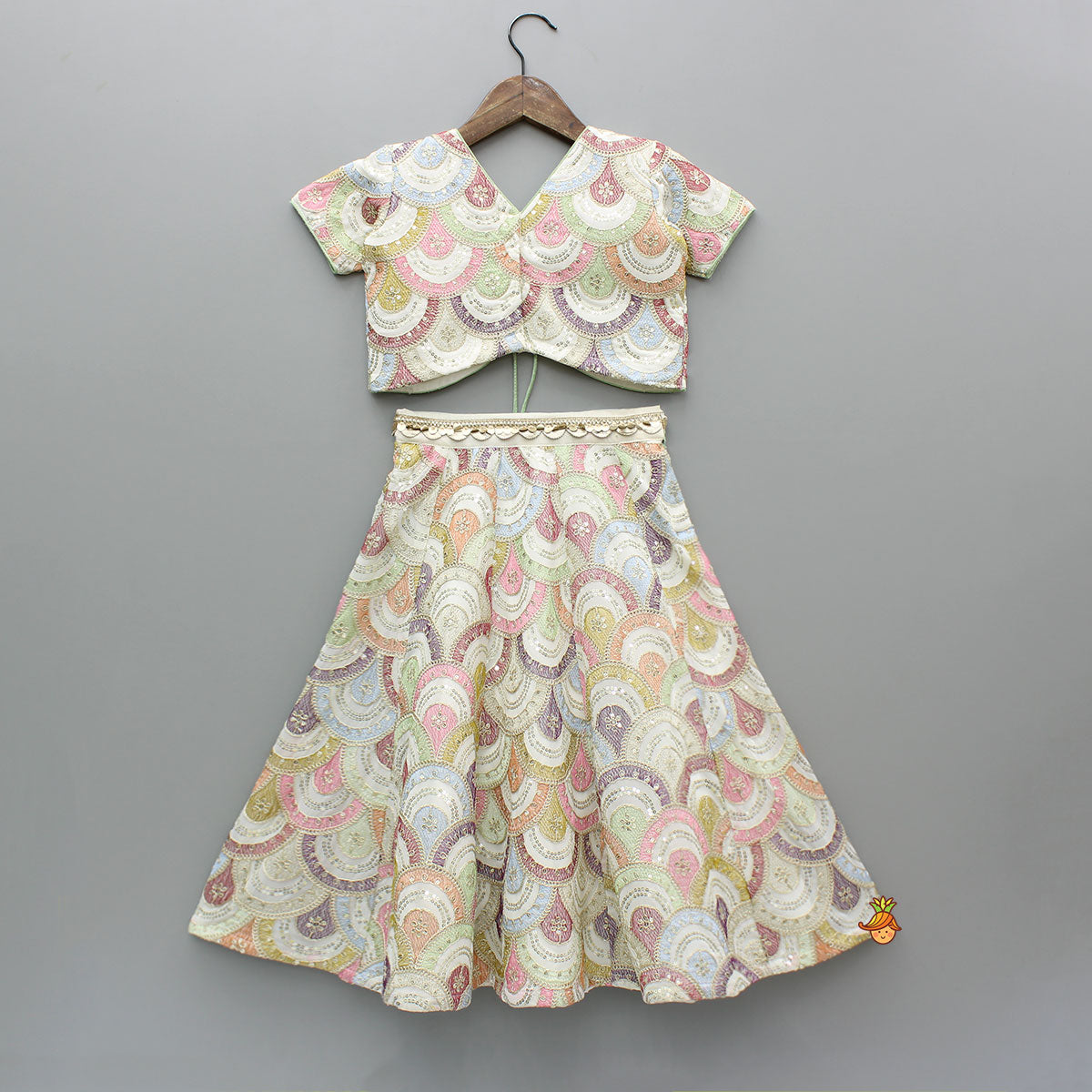 Pre Order: Multicolour Embroidered Stylish Top And Lehenga With Net Dupatta