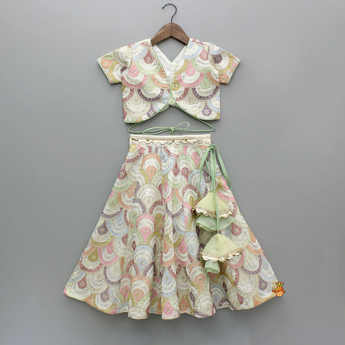 Pre Order: Multicolour Embroidered Stylish Top And Lehenga With Net Dupatta