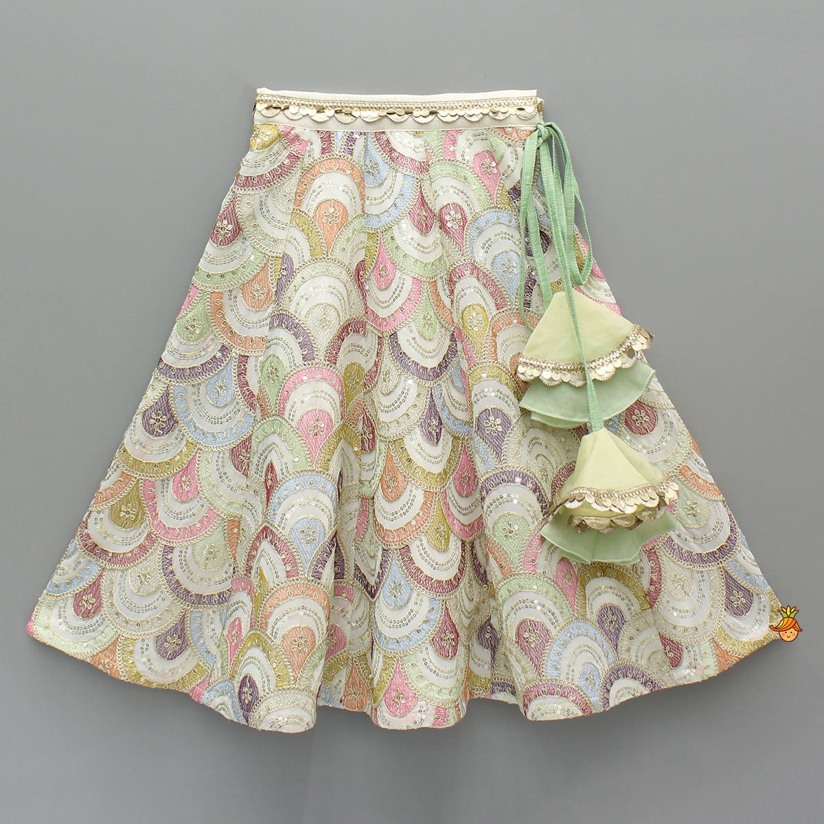 Pre Order: Multicolour Embroidered Stylish Top And Lehenga With Net Dupatta