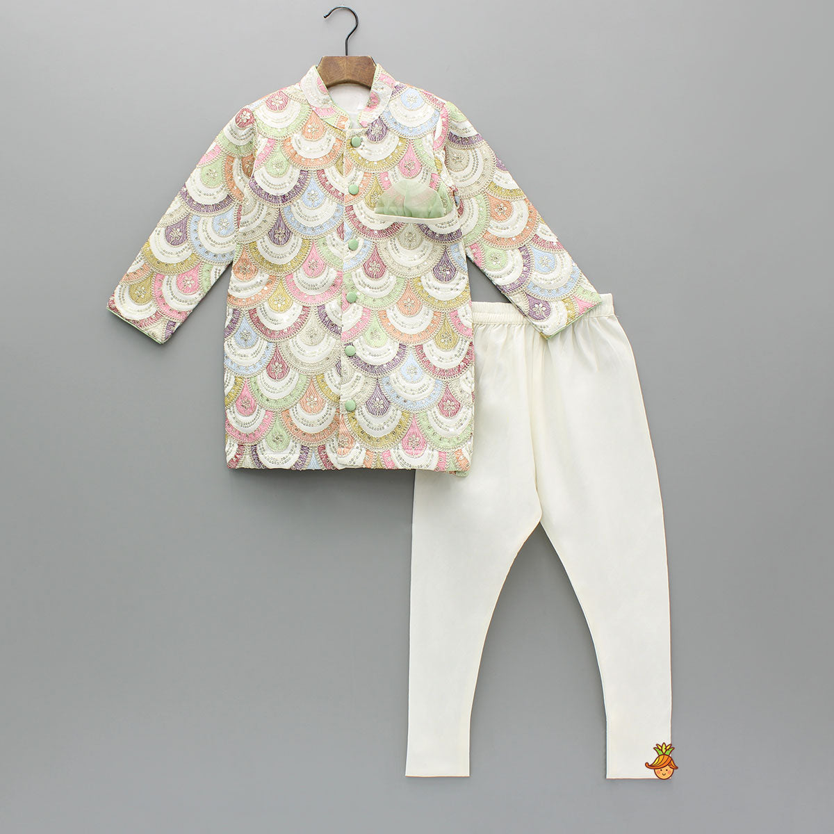 Pre Order: Multicoloured Embroidered Sherwani With Churidar