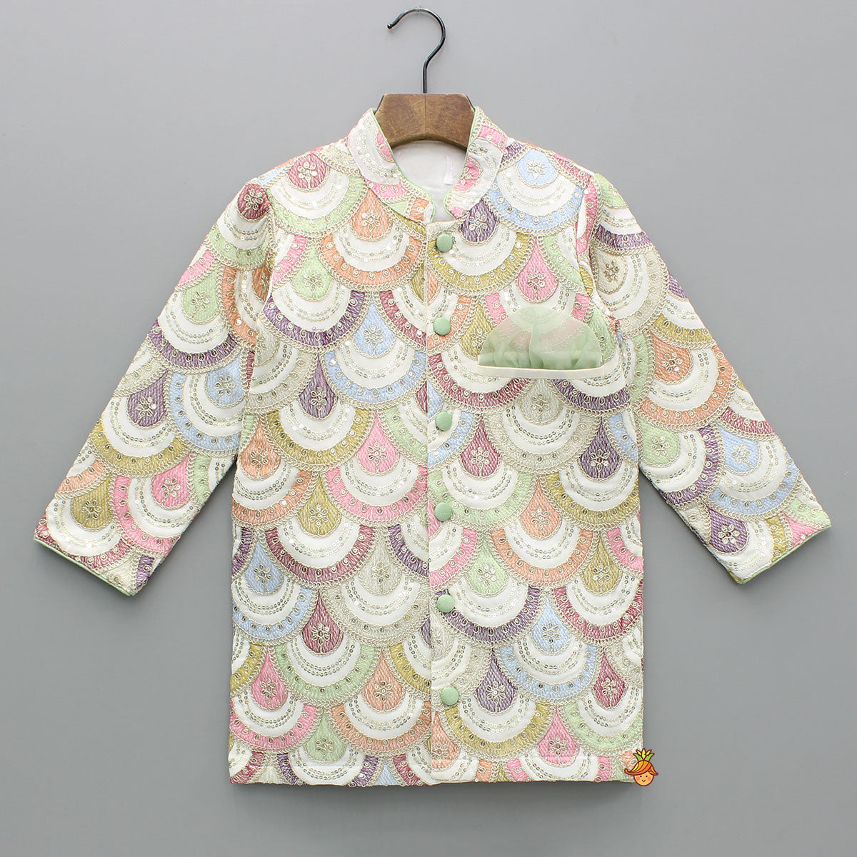 Pre Order: Multicoloured Embroidered Sherwani With Churidar