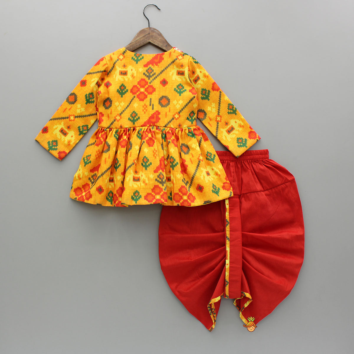 Pre Order: Patola Printed Angarkha Style Kurta And Dhoti With Mukut