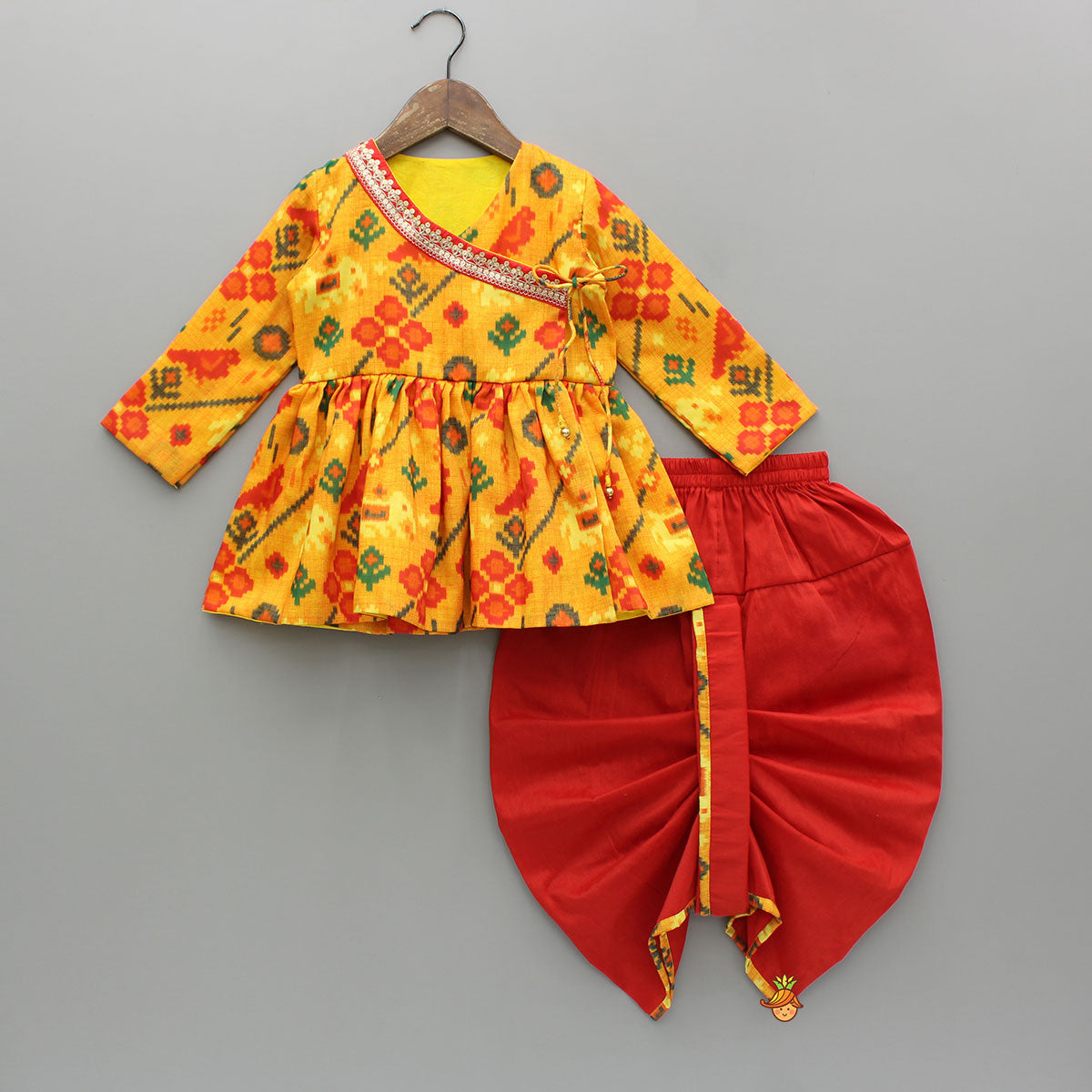 Pre Order: Patola Printed Angarkha Style Kurta And Dhoti With Mukut