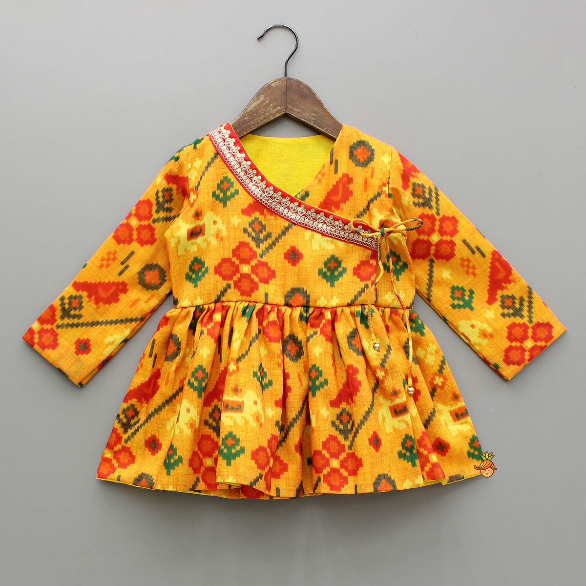 Pre Order: Patola Printed Angarkha Style Kurta And Dhoti With Mukut