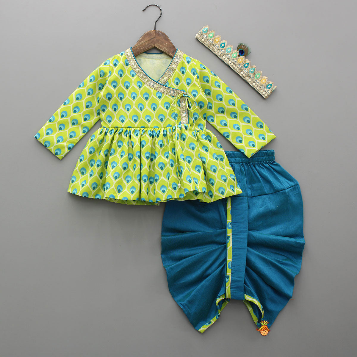 Pre Order: Printed Angarkha Style Green Kurta And Dhoti With Mukut