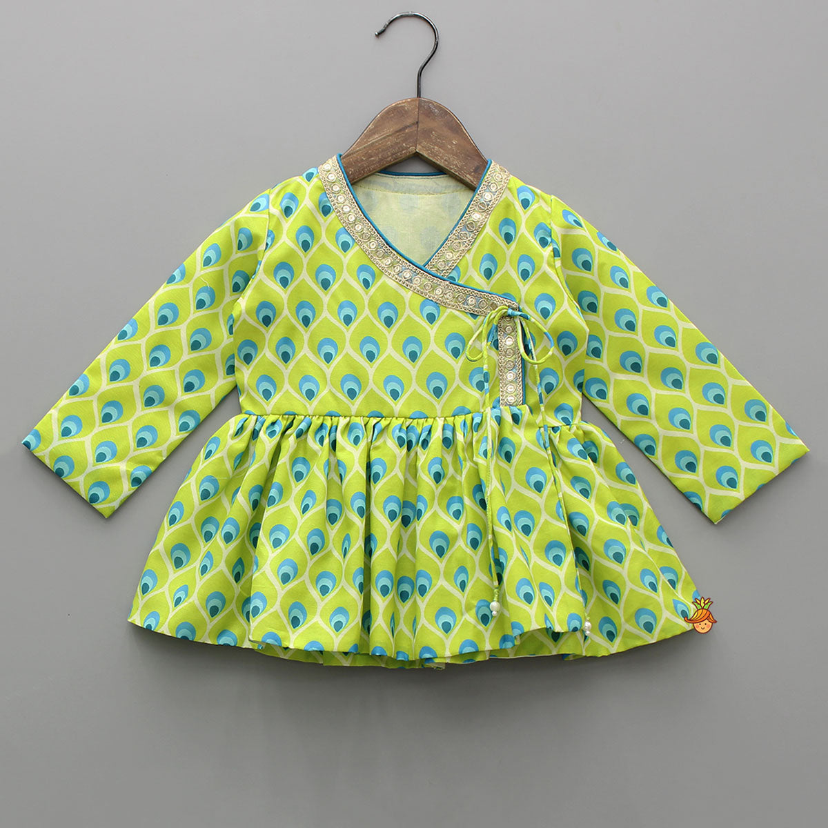 Pre Order: Printed Angarkha Style Green Kurta And Dhoti With Mukut