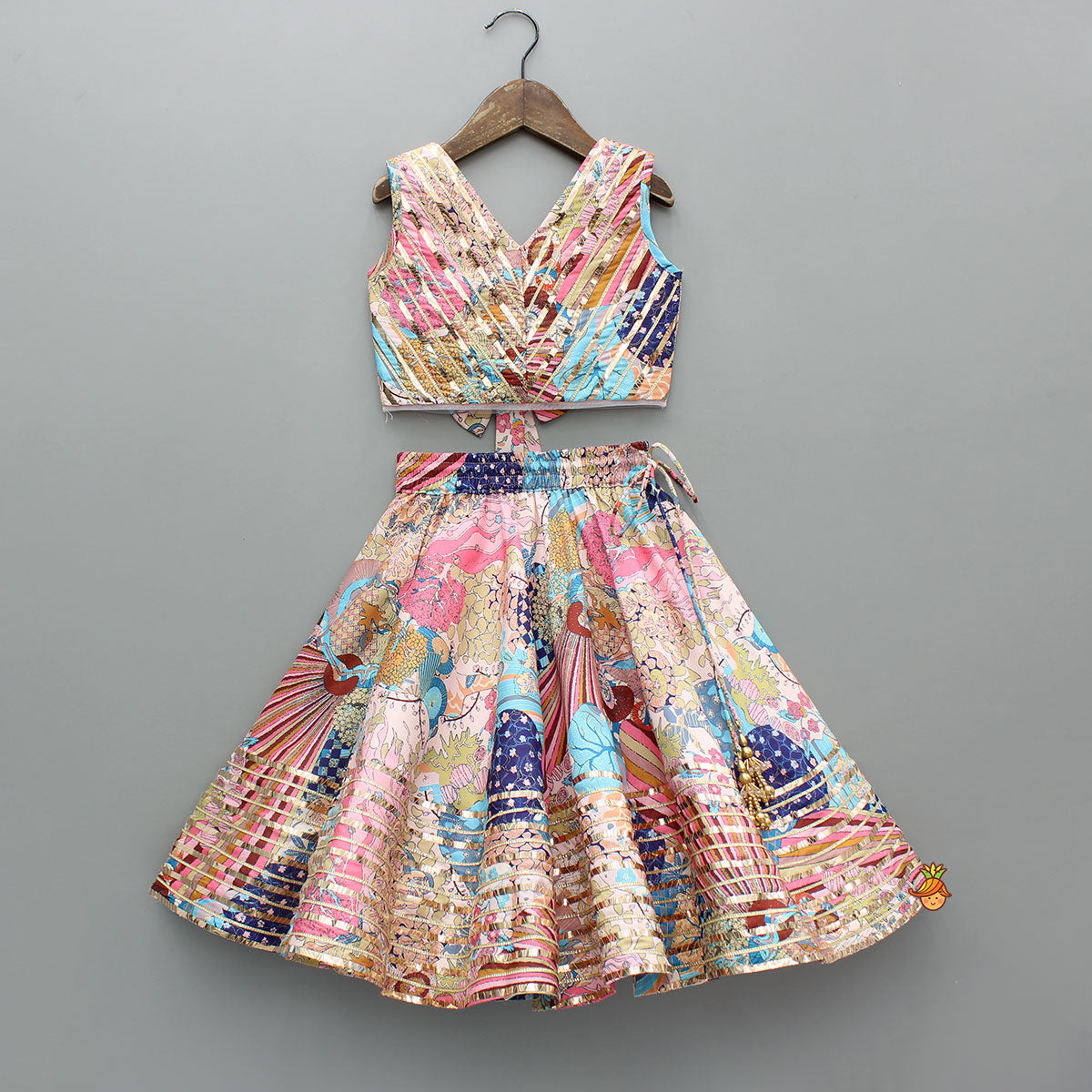 Pre Order: Multicolour Printed Lace Detailing Top And Flared Lehenga