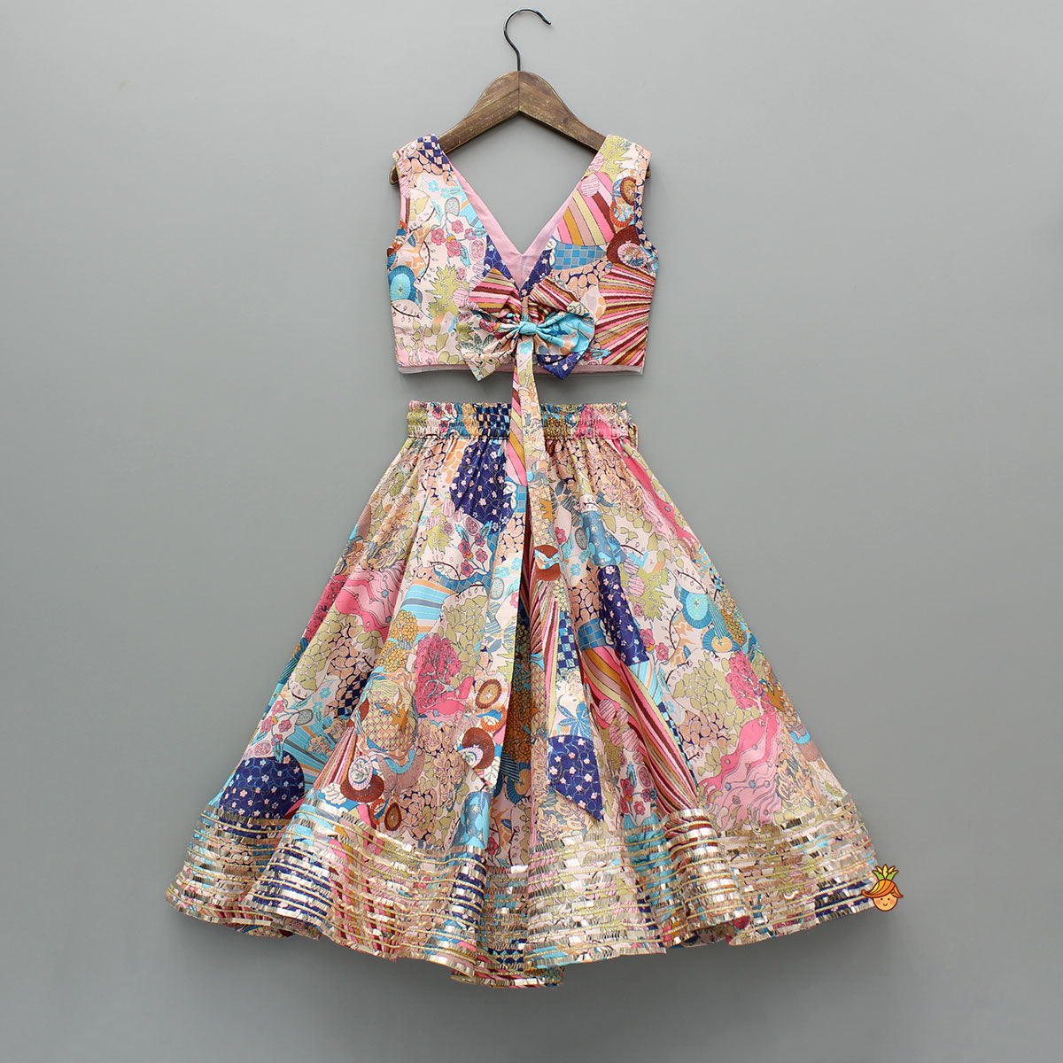 Pre Order: Multicolour Printed Lace Detailing Top And Flared Lehenga