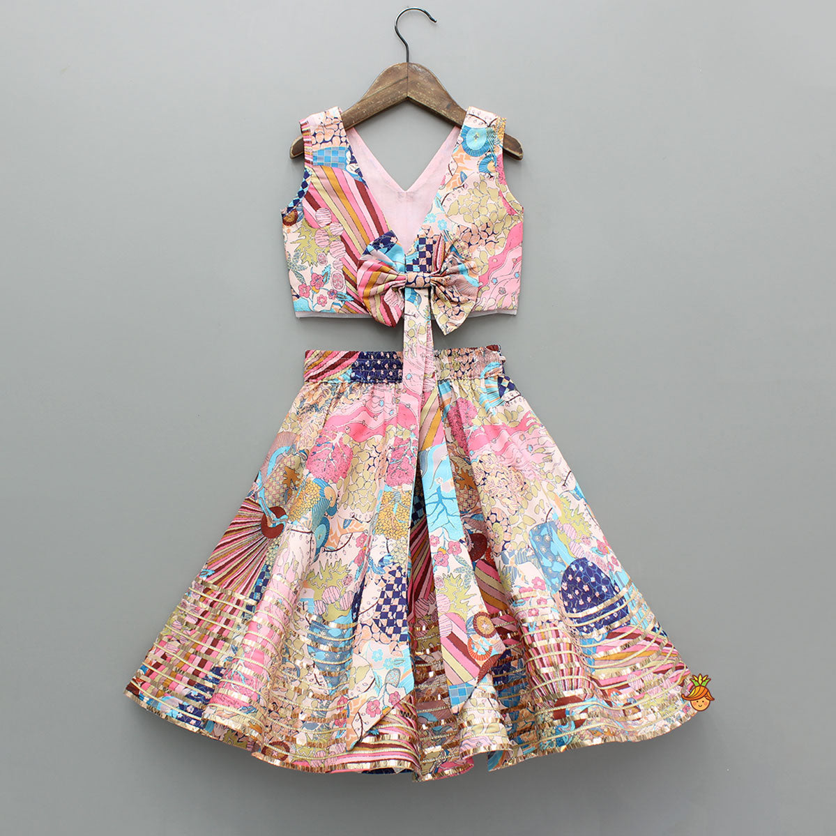 Pre Order: Multicolour Printed Lace Detailing Top And Flared Lehenga