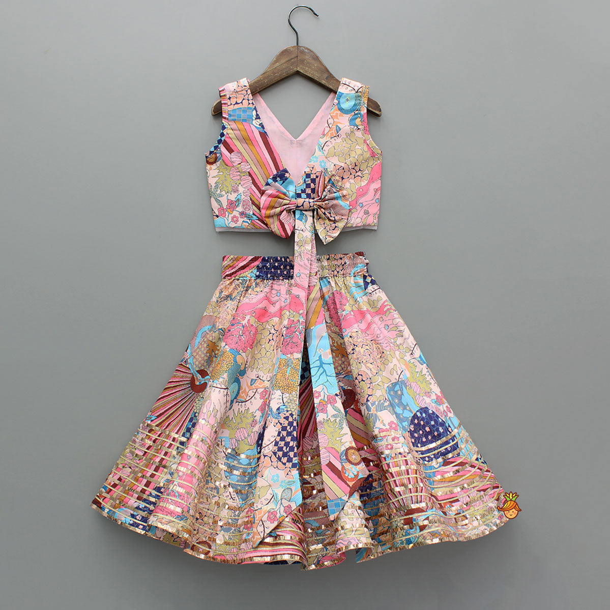 Pre Order: Multicolour Printed Lace Detailing Top And Flared Lehenga