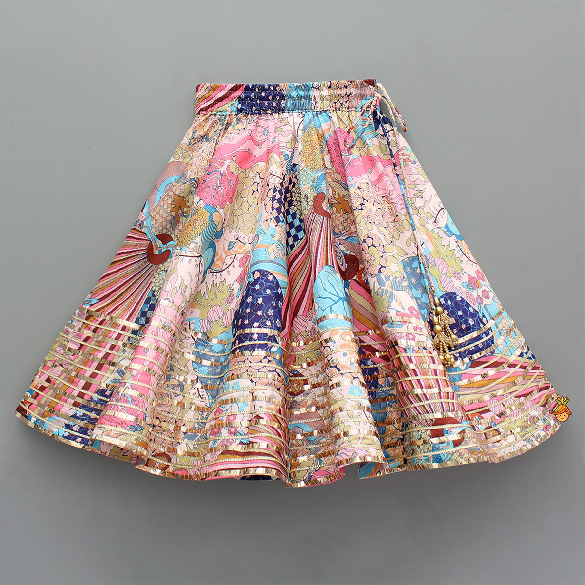 Pre Order: Multicolour Printed Lace Detailing Top And Flared Lehenga