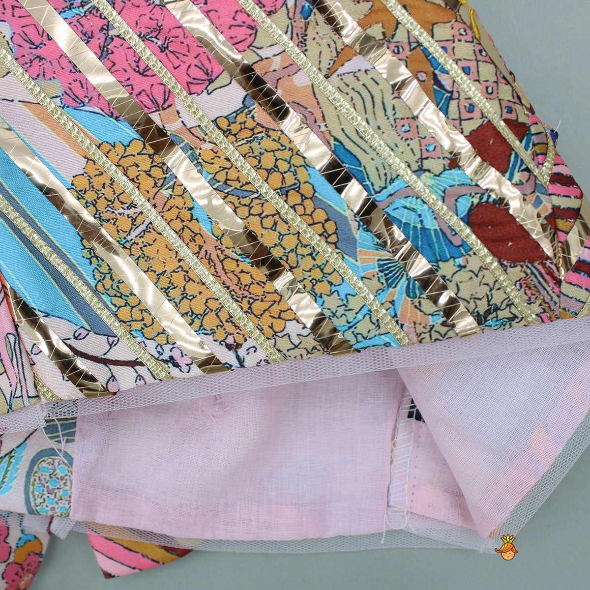 Pre Order: Multicolour Printed Lace Detailing Top And Flared Lehenga