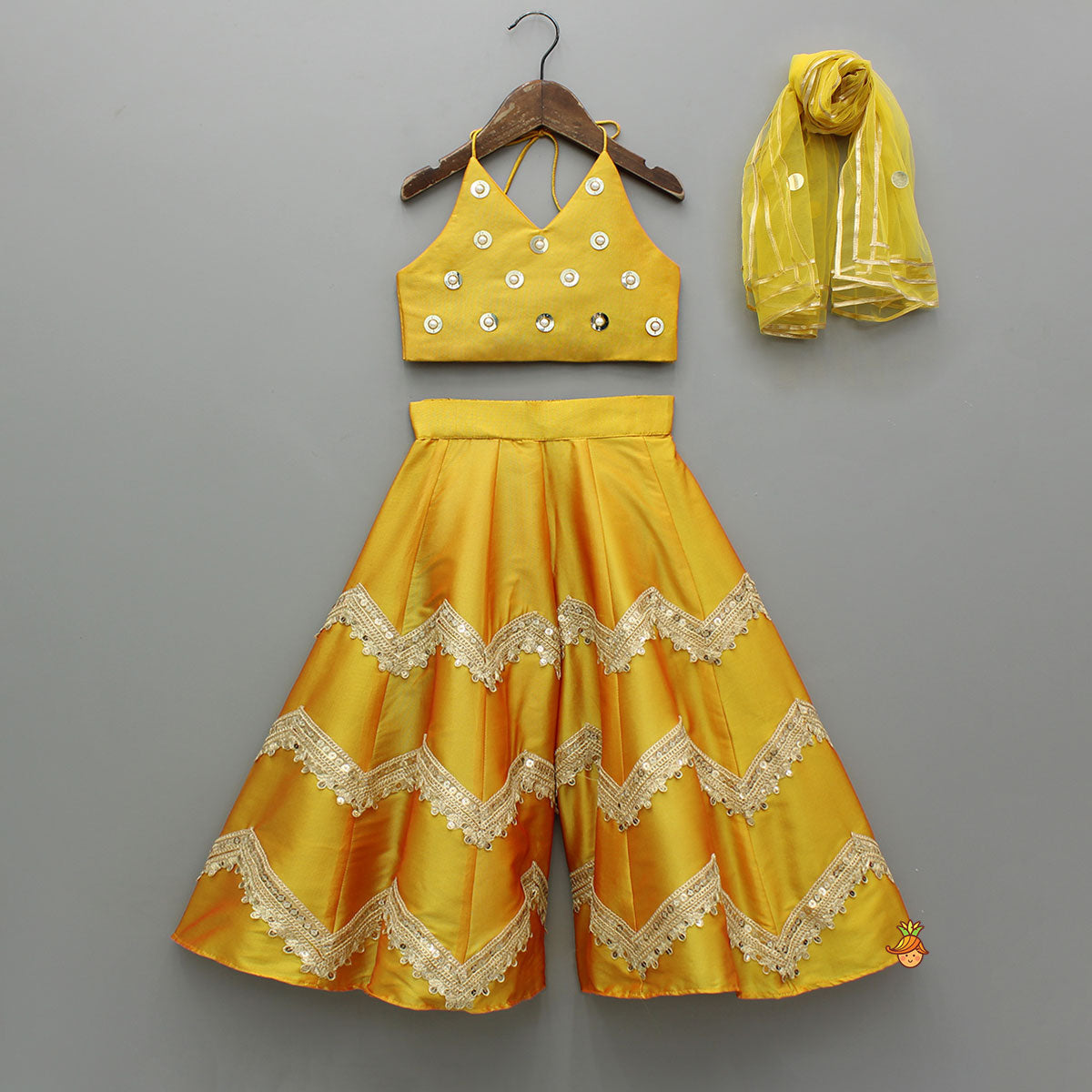 Pre Order: Halter Neck Top And Flared Palazzo With Net Dupatta