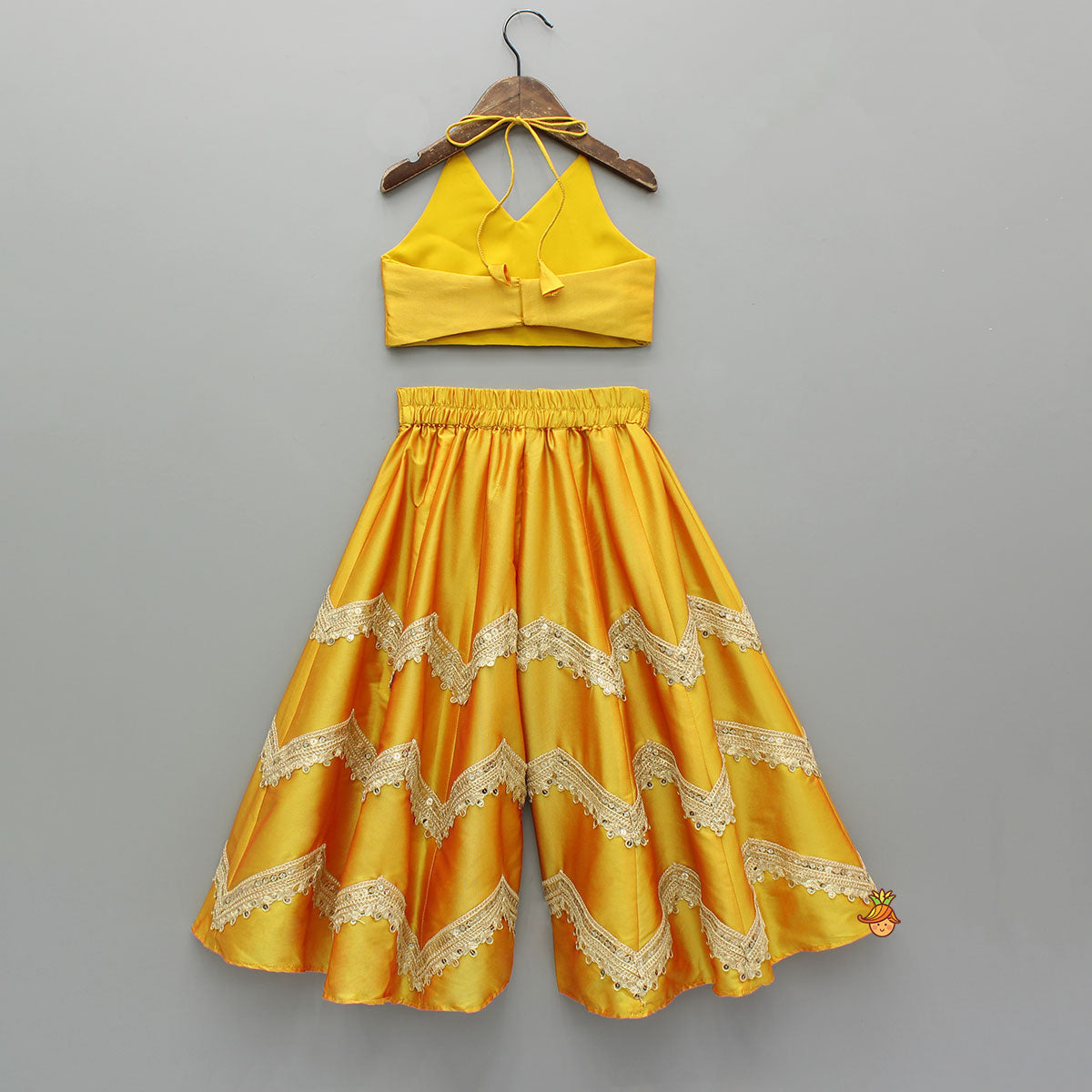 Pre Order: Halter Neck Top And Flared Palazzo With Net Dupatta