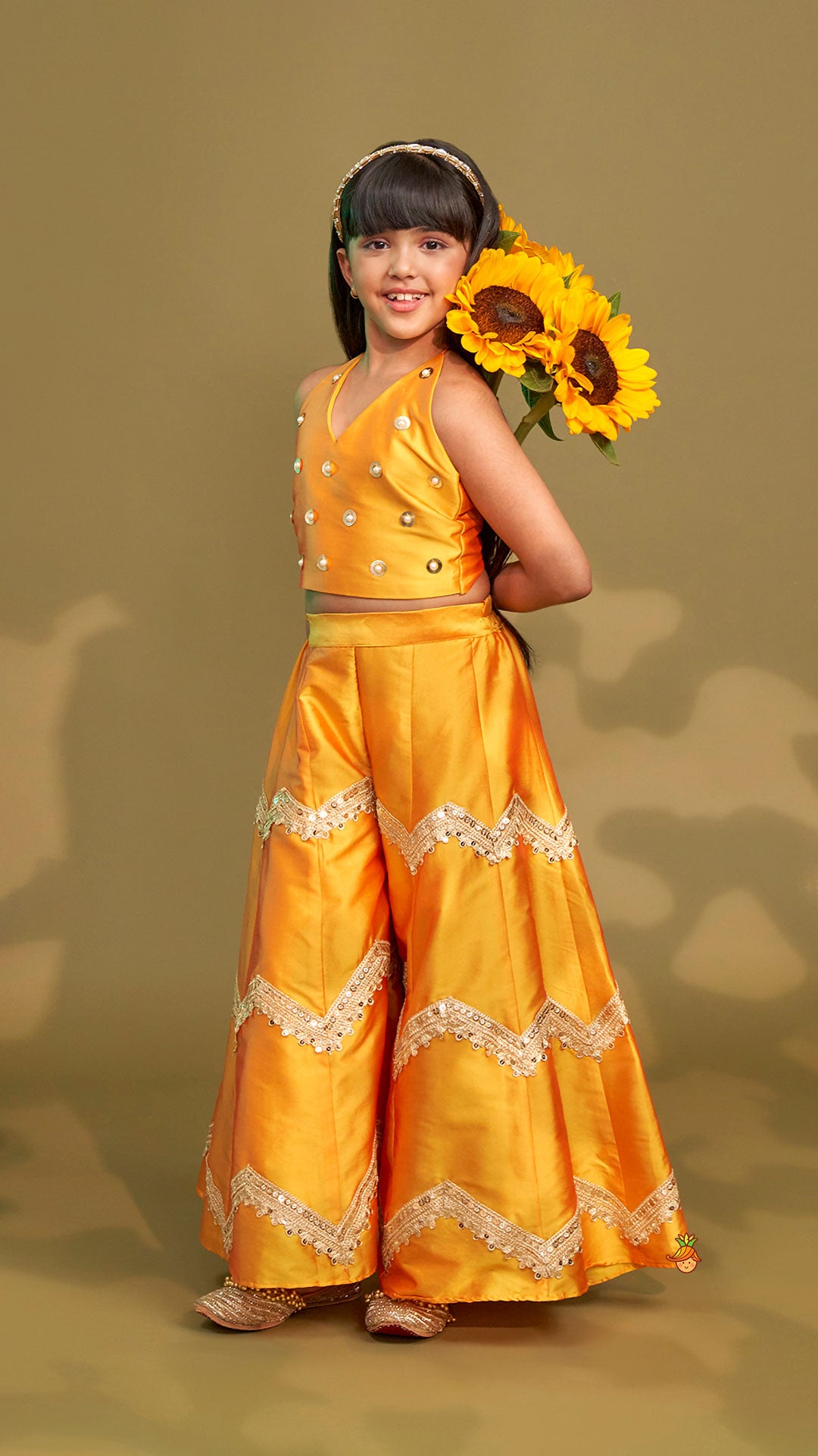 Pre Order: Halter Neck Top And Flared Palazzo With Net Dupatta