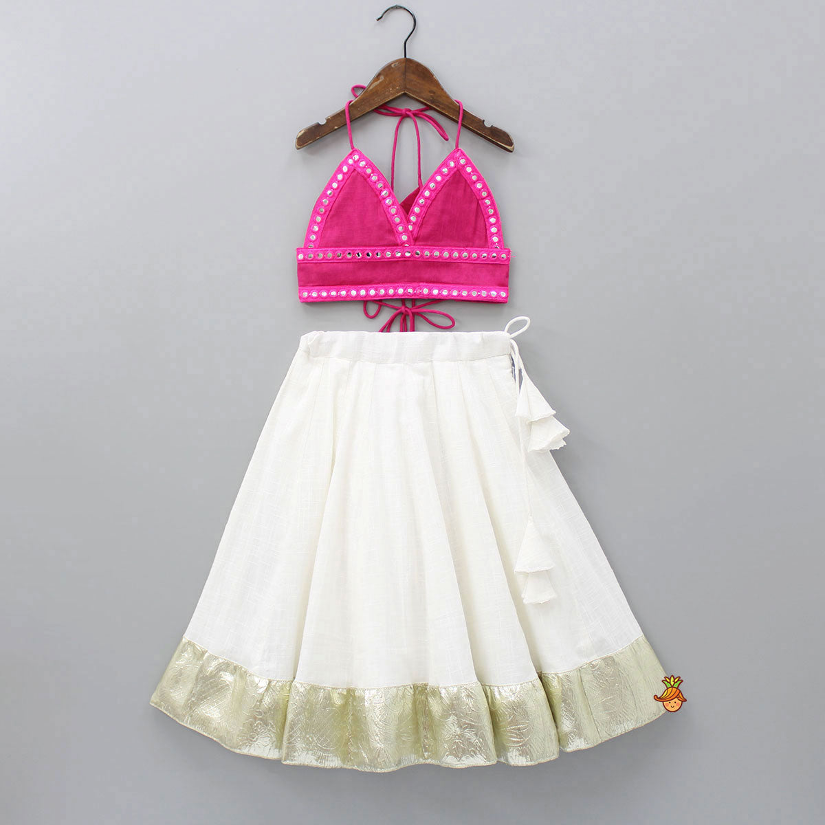 Pre Order: Halter Neck Pink Top And Flared Lehenga
