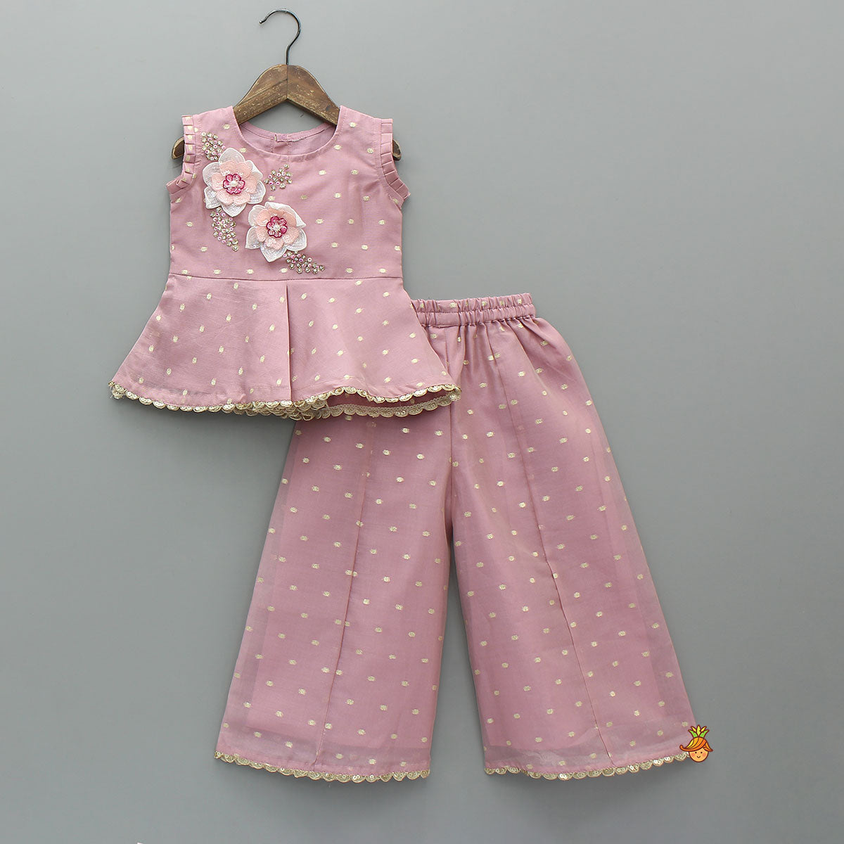 Pre Order: Flower Enhanced Kurti And Flared Palazzo