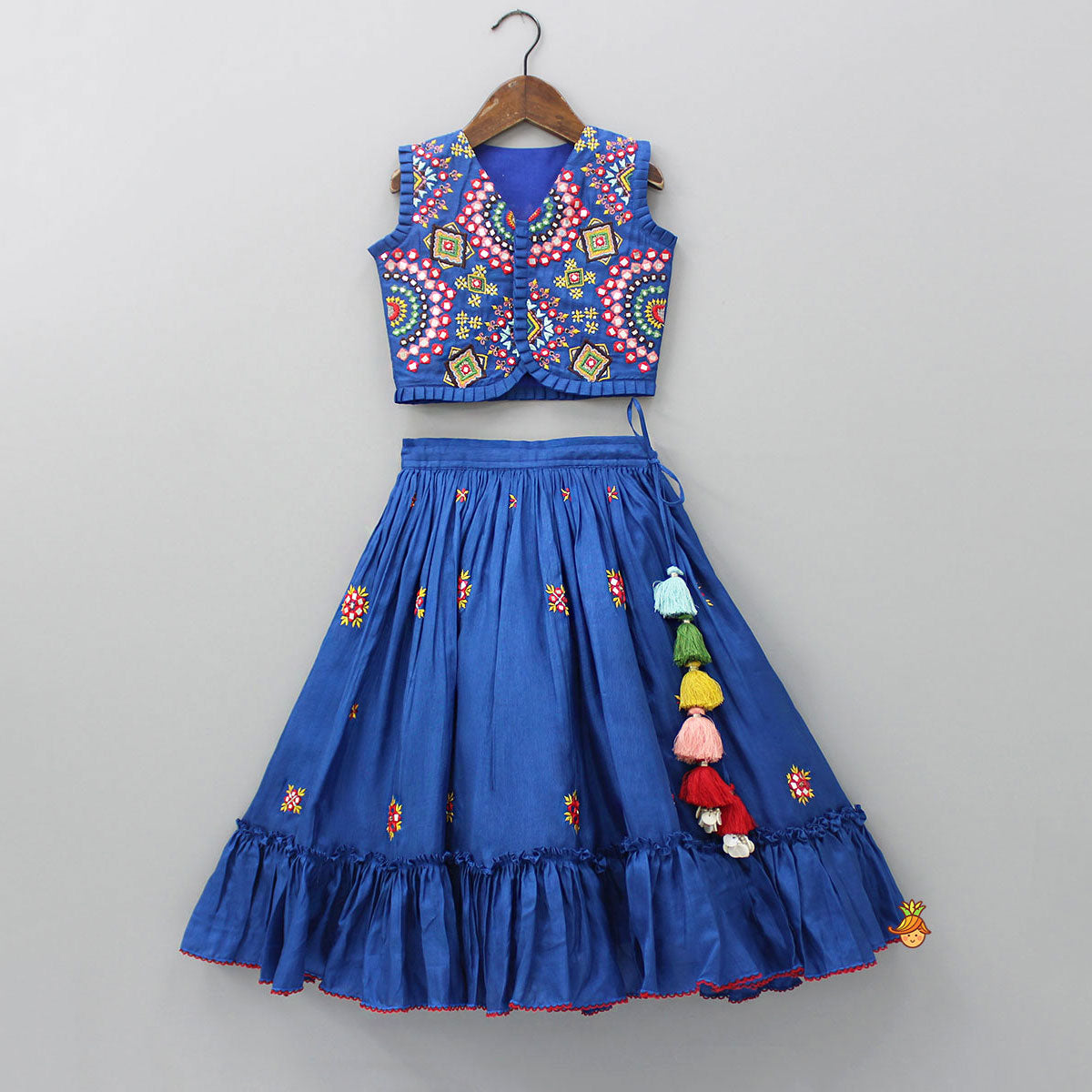 Pre Order: Embroidered Blue Top And Flared Lehenga