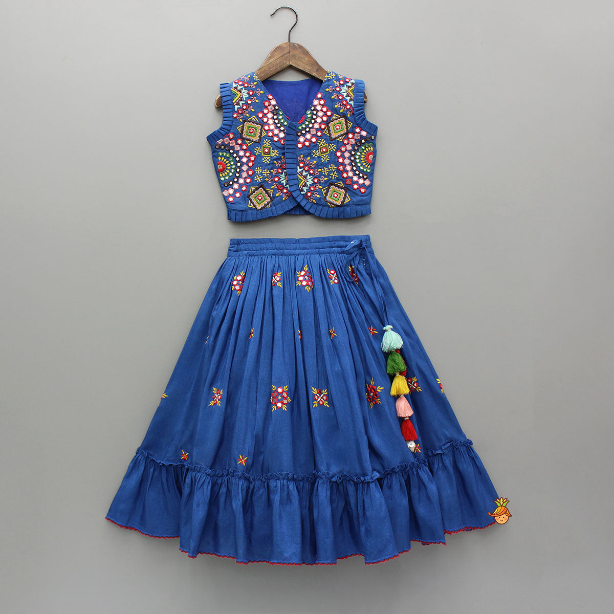 Pre Order: Embroidered Blue Top And Flared Lehenga