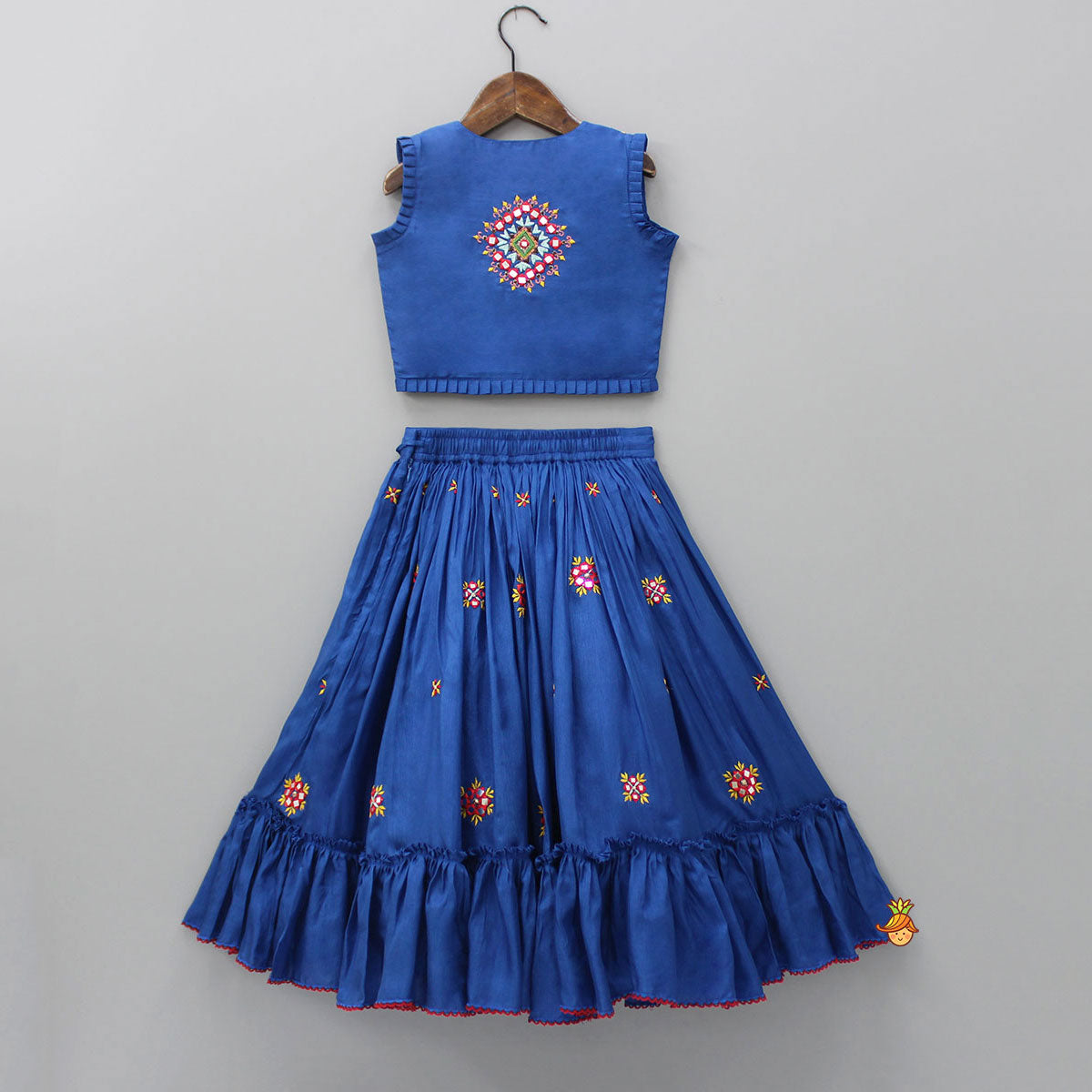 Pre Order: Embroidered Blue Top And Flared Lehenga