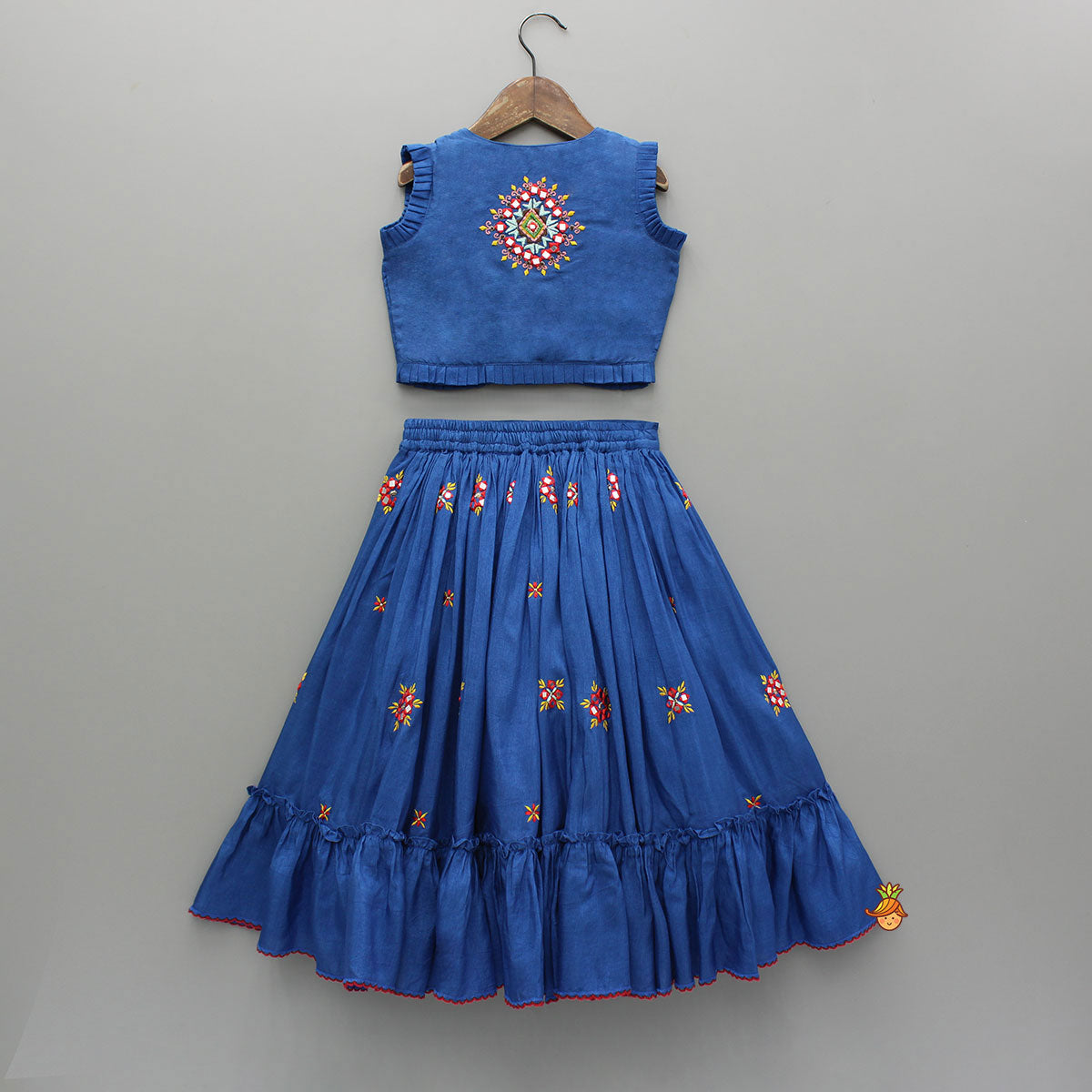 Pre Order: Embroidered Blue Top And Flared Lehenga