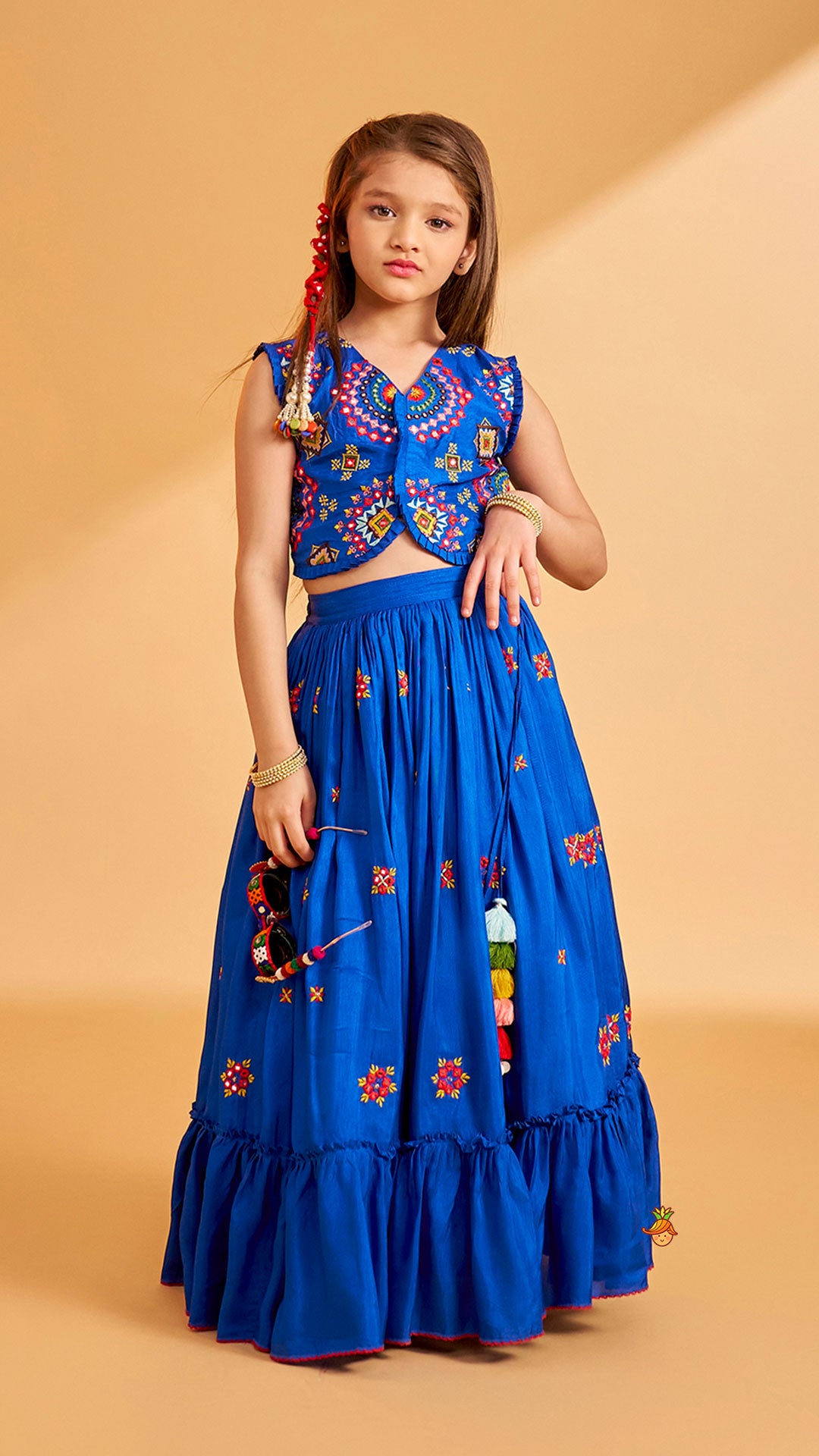 Pre Order: Embroidered Blue Top And Flared Lehenga