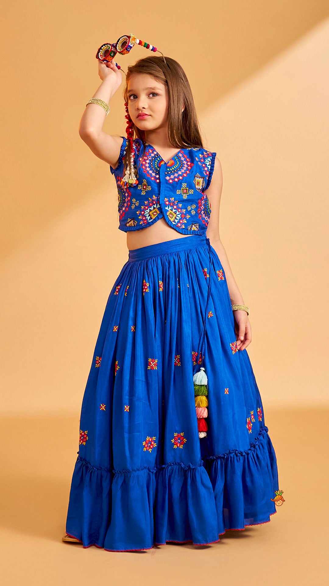 Pre Order: Embroidered Blue Top And Flared Lehenga