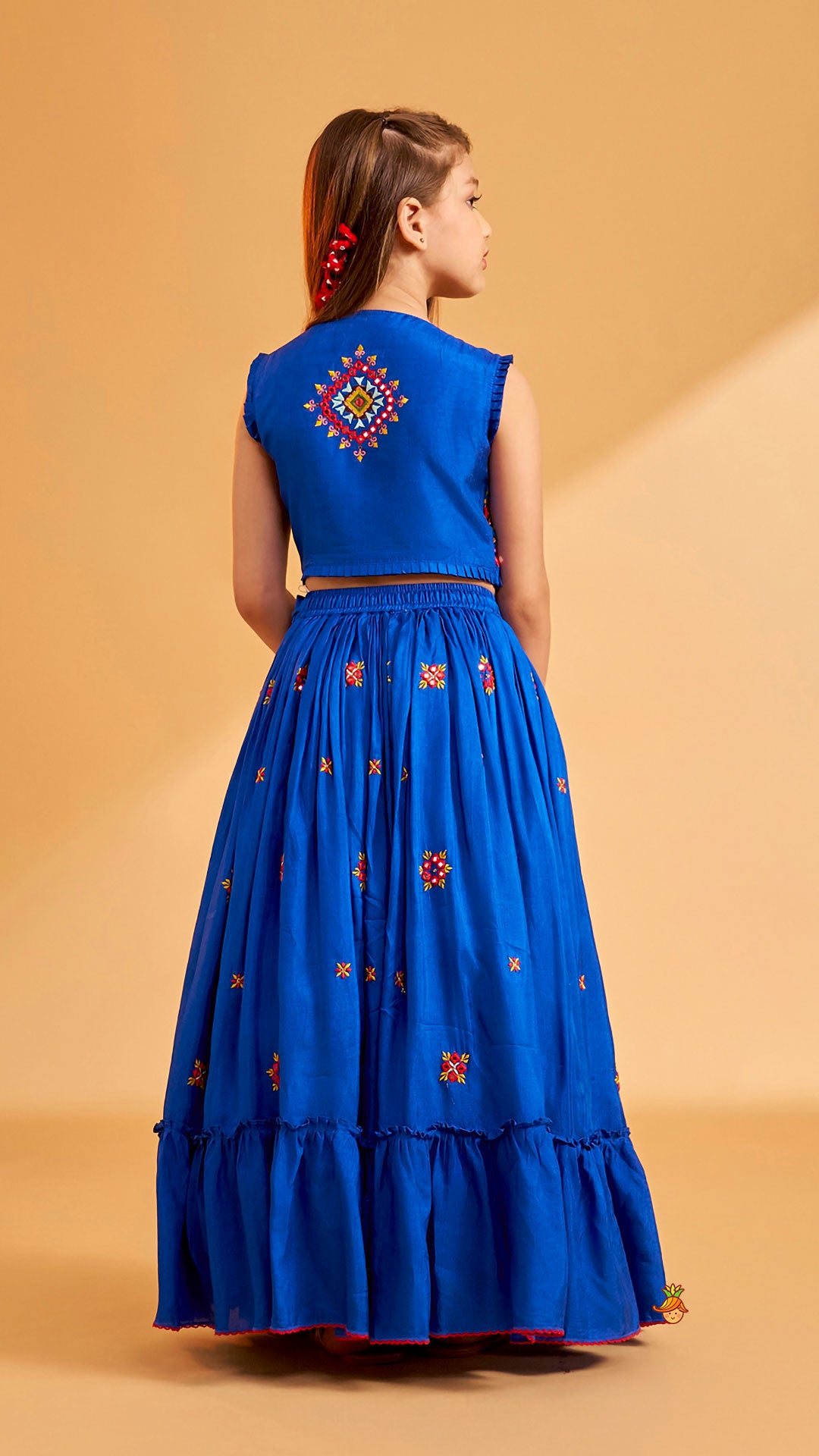 Pre Order: Embroidered Blue Top And Flared Lehenga